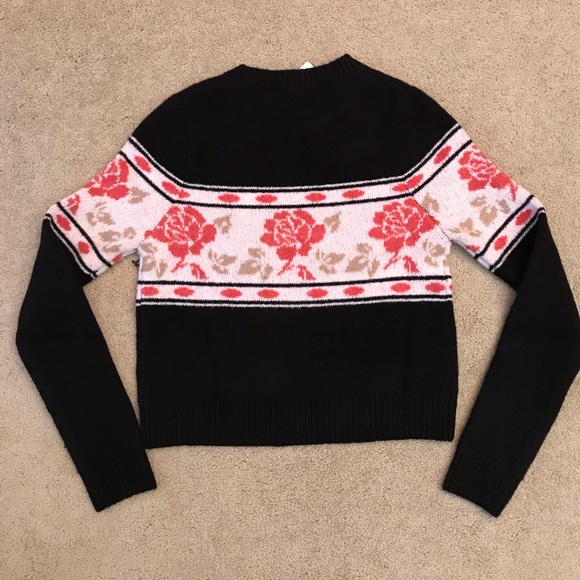 Forever 21 Black Crewneck Floral Sweater Cropped NEW Womens Small Pink Roses - Picture 6 of 11